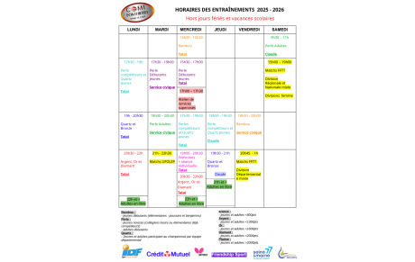 Les Nouveaux Horaires d'entrainements sont publiés